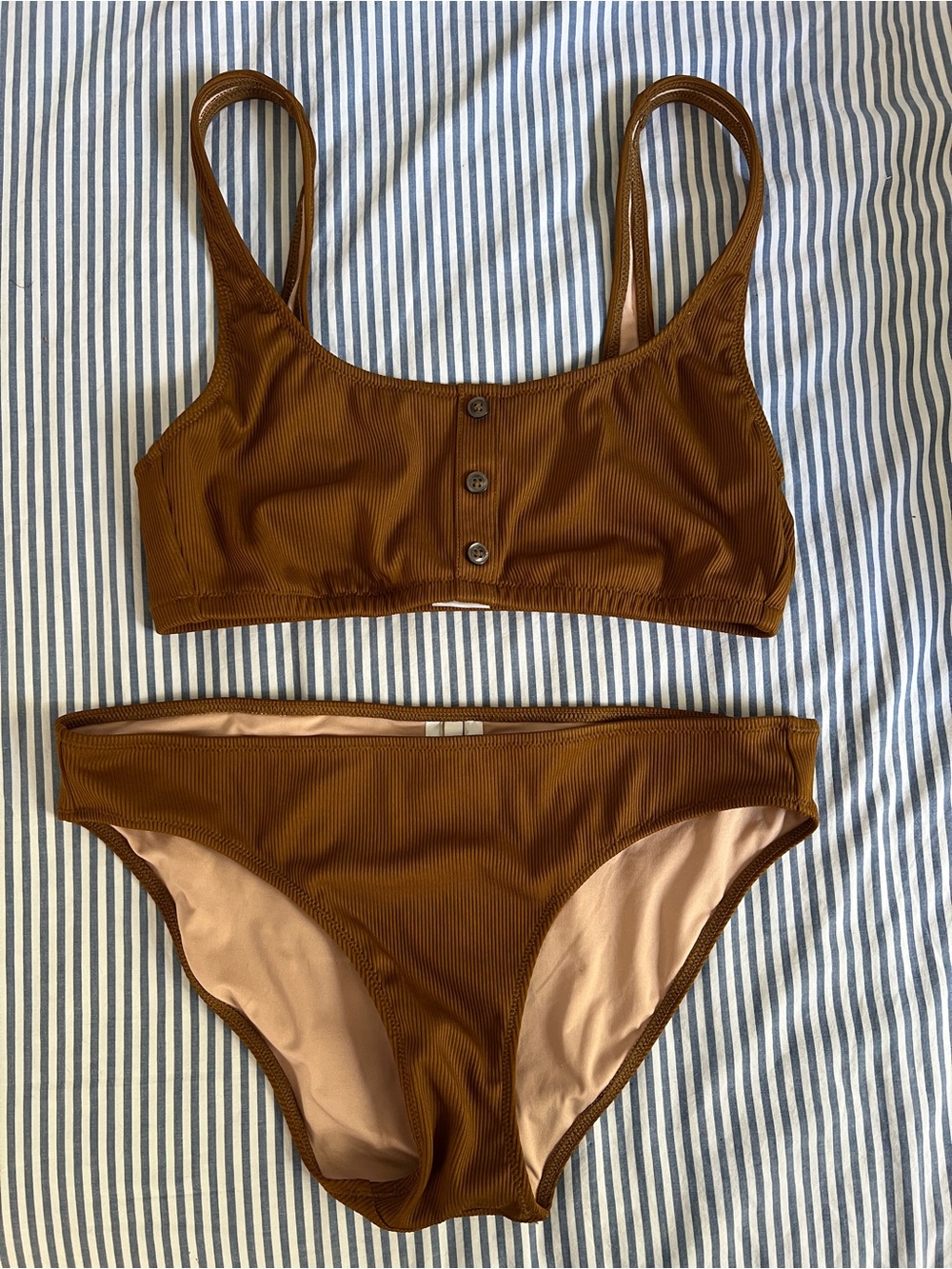 Madewell Brown Ribbed Henley Bikini Top and Bottom - dark tobacco - size M